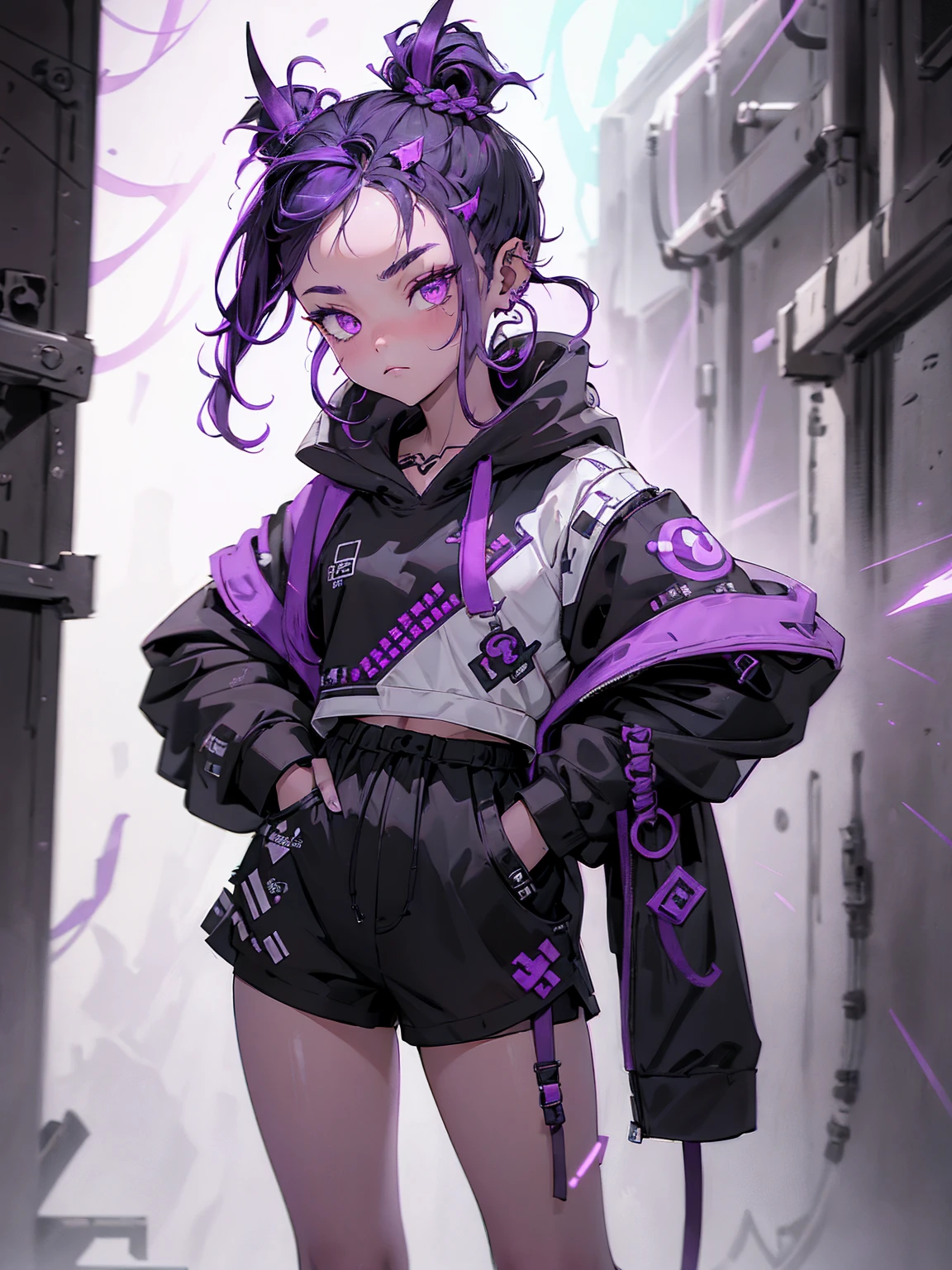 boy, thoughtful look, open forehead, black and purple hair braided into a ponytail on the left side in a bun. small curly black horns wrapped in white ribbon, pale violet eyes, short dark purple shorts. Long white t-shirt. dark purple knee socks. dark purple hooded robe. dark corridor with stairs, rays of light falling