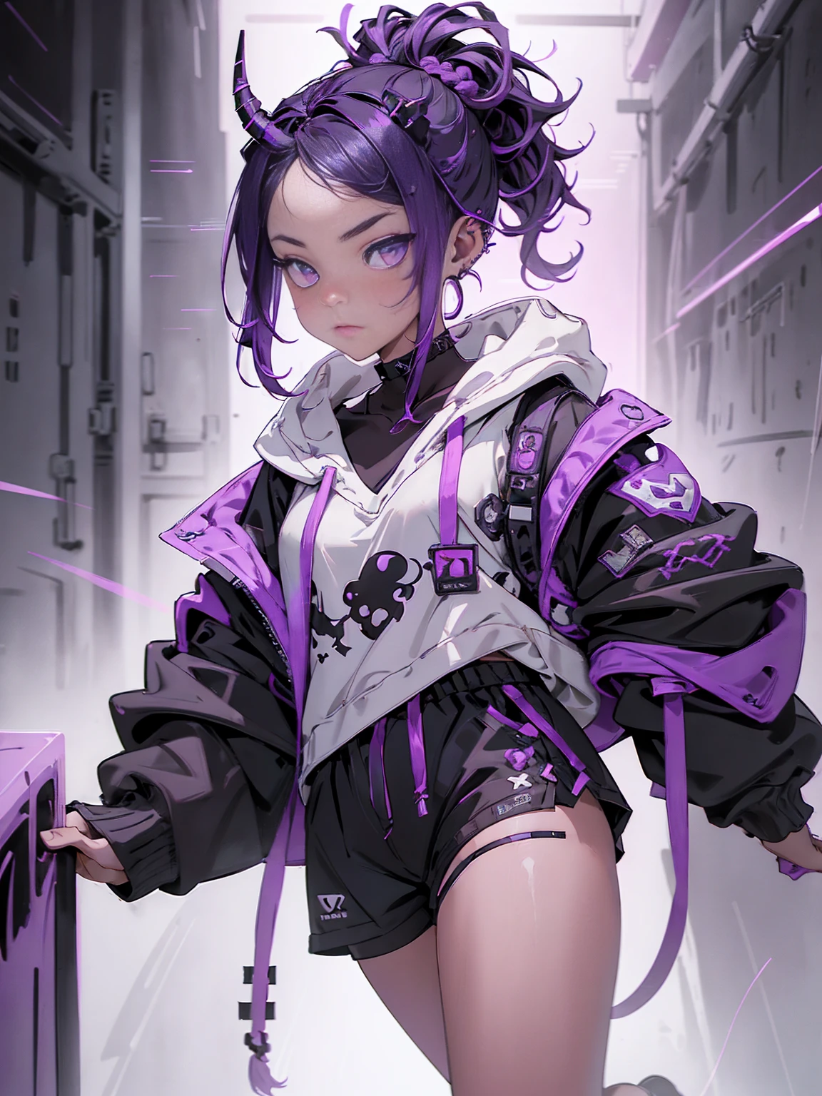 boy, thoughtful look, open forehead, black and purple hair braided into a ponytail on the left side in a bun. small curly black horns wrapped in white ribbon, pale violet eyes, short dark purple shorts. Long white t-shirt. dark purple knee socks. dark purple hooded robe. dark corridor with stairs, rays of light falling