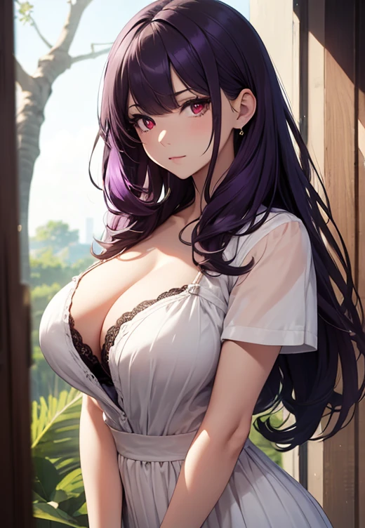 (masterpiece,Highest quality,超High resolution,High resolution,8K,超High resolution),BREAK,1 person,Beautiful adult woman,Slim and beautiful body,Very large breasts,Bust 120,Upturned chest,Cleavage,BREAK,Purple Hair,Thick eyelashes,(Red eyes),(Tree Eyes),Hitomi attaches great importance to,Long Hair,unkempt,A slightly shy face,BREAK,White blouse,Long skirt