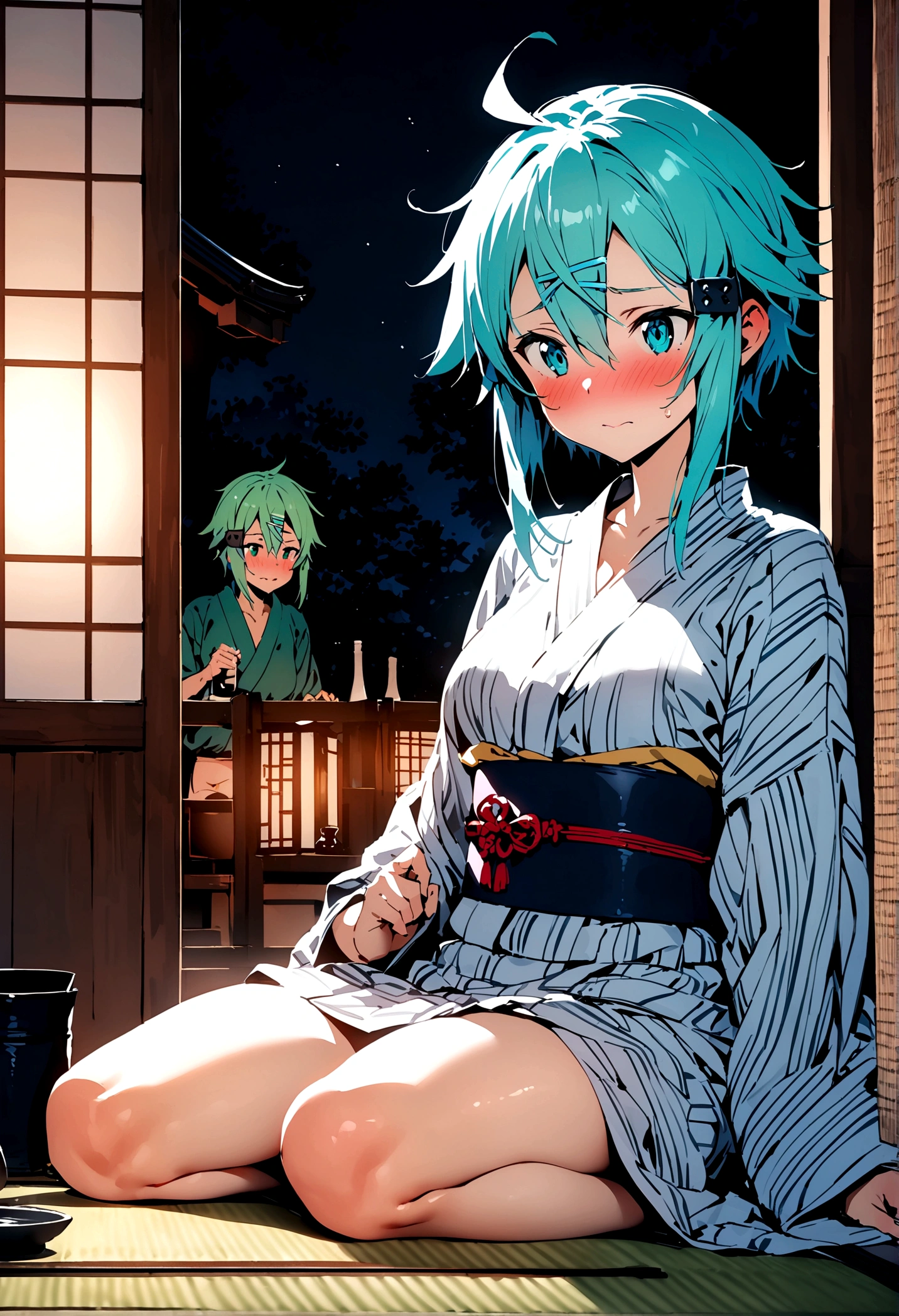 NSFW,masterpiece,Highest quality,High resolution,Super detailed,Sinon\(Sword Art Online\),yukata,Open clothes,hair ornaments, Hair Clip,(Ahegao),blush,Empty face,Inn at night,Shoji screen,tatami,futon,Girl sitting,Drunk,Intoxication,sake bottle,Sake cup,(Middle-aged men),(Body touch),Having her breasts fondled by a man,to kiss,Wet,Fingering,Spread your legs,((Squirting)),heart,(Falling into Pleasure),Lying down,(Trembling),(Obedience)