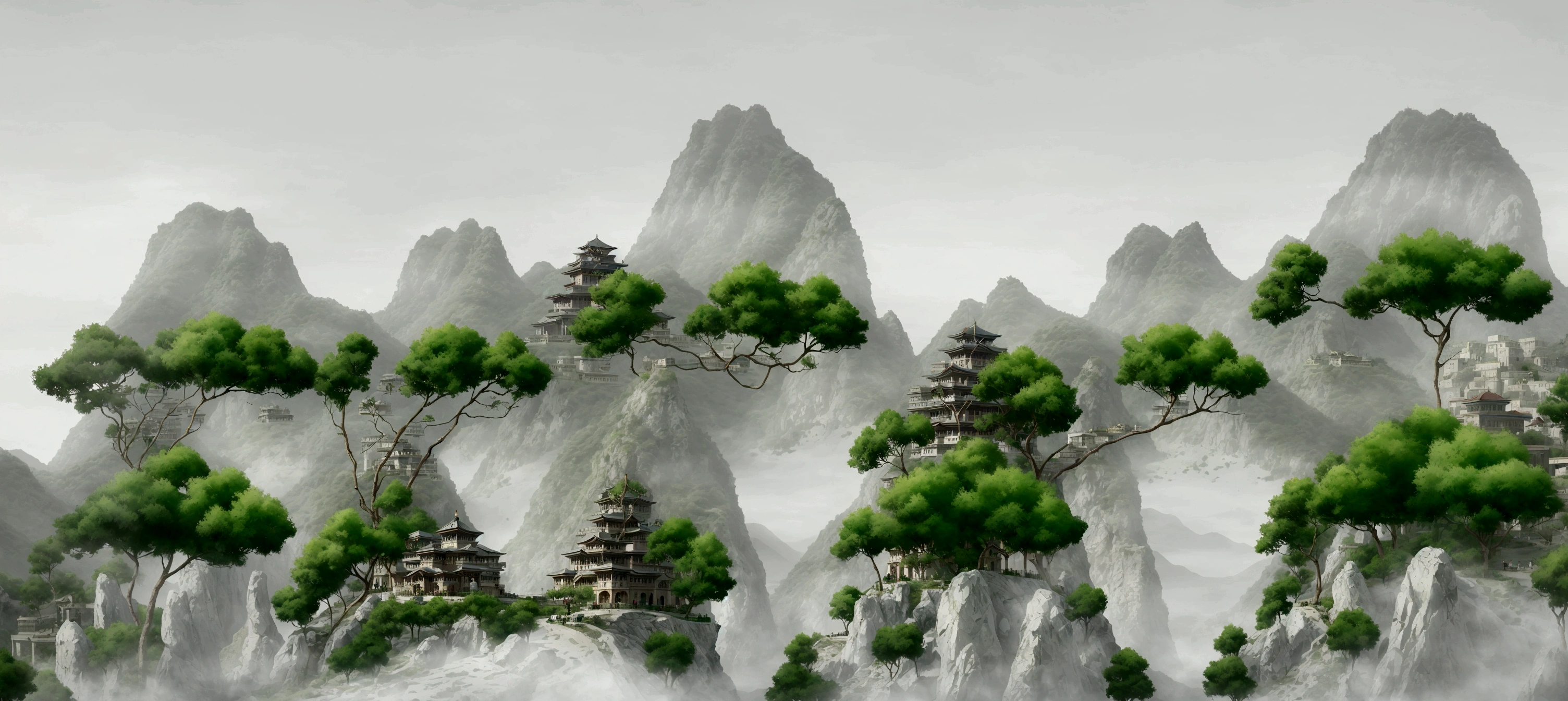 there are many trees growing on the mountain tops, temple background, pagodas on hills, zen temple background, background depicting a temple, dojo on a mountain, detailed scenery —width 672, mountainous background, ancient city landscape, background fortress, mobile game background, anime landscape, 2 d game art background, chinese landscape, digital painting of a pagoda