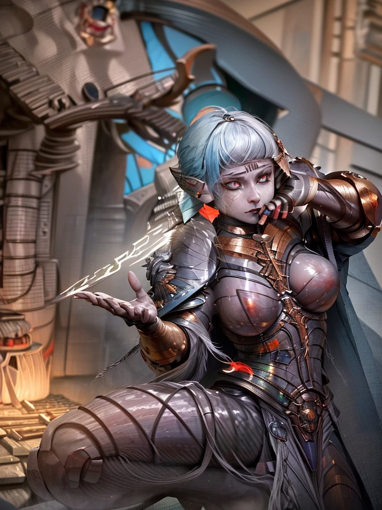 fantasy art, dnd art, RPG art, wide shot, (masterpiece: 1.4) a (portrait: 1.3) intense details, highly detailed, photorealistic, best quality, highres, portrait a vedalken female (fantasy art, Masterpiece, best quality: 1.3) ((blue skin: 1.5)), intense details facial details, exquisite beauty, (fantasy art, Masterpiece, best quality) cleric, (blue colored skin: 1.5) 1person blue_skin, blue skinned female, (white hair: 1.3), long hair, intense (green: 1.3) eye, fantasy art, Masterpiece, best quality) armed a fiery sword red fire, wearing heavy (white: 1.3) half plate mail armor, wearing high heeled laced boots, wearing an(orange :1.3) cloak, wearing glowing holy symbol GlowingRunes_yellow, within fantasy temple background, reflection light, high details, best quality, 16k, [ultra detailed], masterpiece, best quality, (extremely detailed), close up, ultra wide shot, photorealistic, RAW, fantasy art, dnd art, fantasy art, realistic art,((best quality)), ((masterpiece)), (detailed), perfect face, ((no ears: 1.6))
