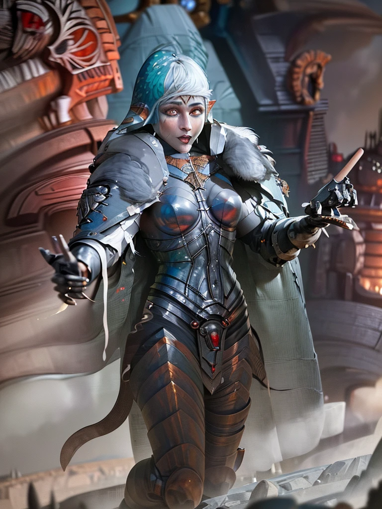 fantasy art, dnd art, RPG art, wide shot, (masterpiece: 1.4) a (portrait: 1.3) intense details, highly detailed, photorealistic, best quality, highres, portrait a vedalken female (fantasy art, Masterpiece, best quality: 1.3) ((blue skin: 1.5)), intense details facial details, exquisite beauty, (fantasy art, Masterpiece, best quality) cleric, (blue colored skin: 1.5) 1person blue_skin, blue skinned female, (white hair: 1.3), long hair, intense (green: 1.3) eye, fantasy art, Masterpiece, best quality) armed a fiery sword red fire, wearing heavy (white: 1.3) half plate mail armor, wearing high heeled laced boots, wearing an(orange :1.3) cloak, wearing glowing holy symbol GlowingRunes_yellow, within fantasy temple background, reflection light, high details, best quality, 16k, [ultra detailed], masterpiece, best quality, (extremely detailed), close up, ultra wide shot, photorealistic, RAW, fantasy art, dnd art, fantasy art, realistic art,((best quality)), ((masterpiece)), (detailed), perfect face, ((no ears: 1.6))
