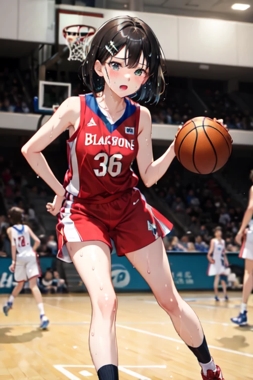 Highest quality、Black Hair、Iris、short hair、girl、cute、、、Small hair ornament、1 person、basketball、basketballユニフォーム、Leaning forward、I can see your chest、Serious expression、Sweaty and soaked、