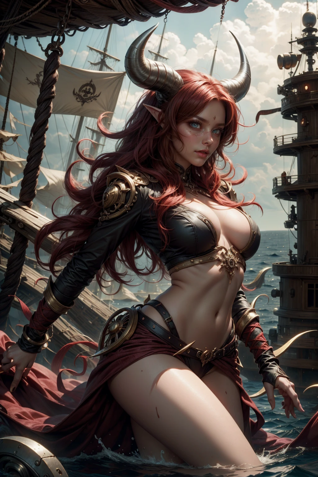 woman minotaur eye patch red hair, Red clothing, with horns, sexy sensual on a pirate ship at sea, fully body
