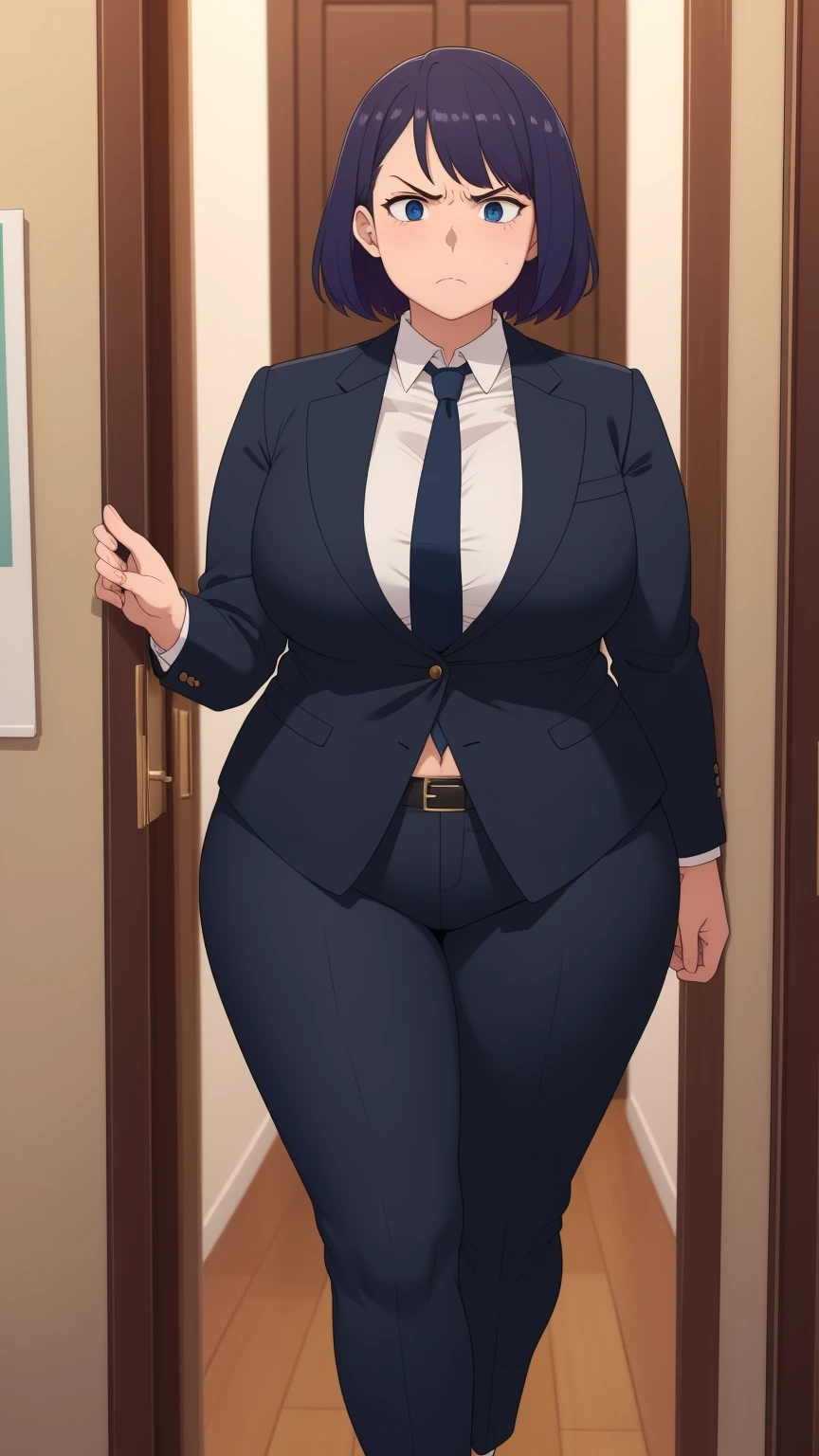 masterpiece, 1girl behind a doorway, from front, doorstuck, wide hips, thick thighs, colorful clothing, wearing suit and tie and formal pants, upset