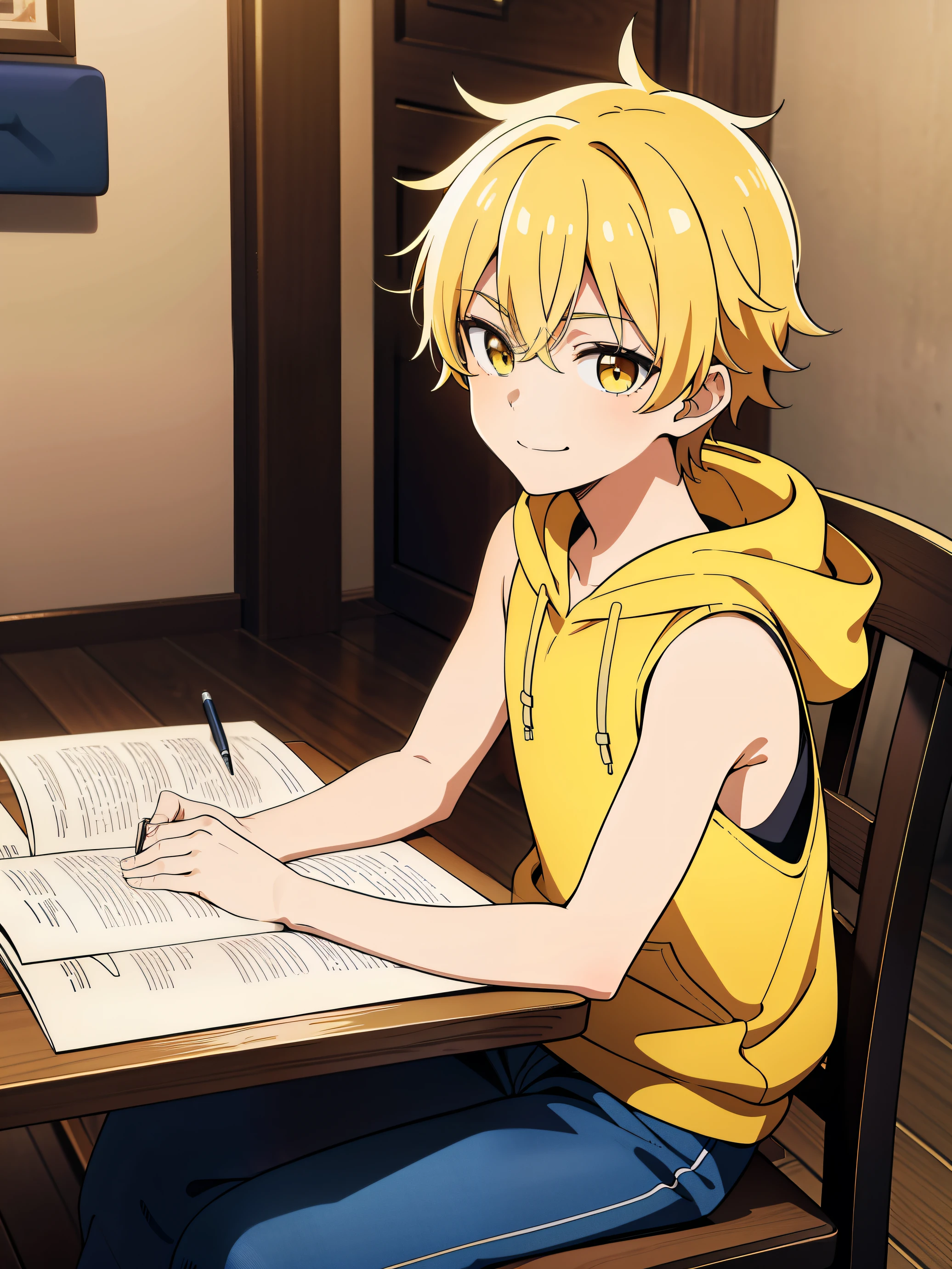 Highres, Masterpiece, Best quality at best,Best Quality,hight quality, hight detailed, Anime style, 1boy, Shota, young boy, Solo person, smile, Yellow hair, messy hair, Sit on the chair, writing, Sleeveless hoodie, Bare shoulder, Seen from the side, upper body, (very young boy), (very small and short body), -yeld bo uhd, blurry beckground