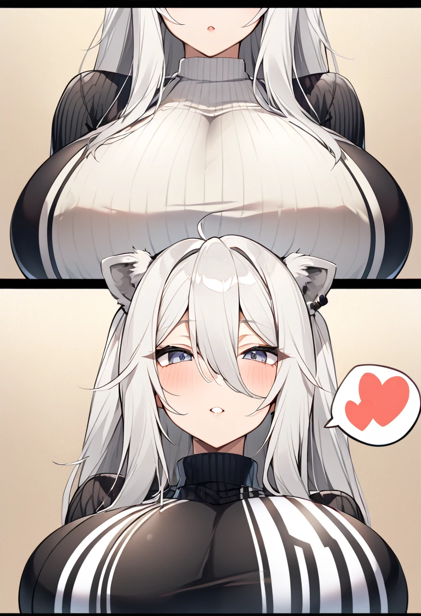 Shishirabotan、Black knitted clothes、Vertical sweater clothes、Black sweater、Huge breasts:1.5、sagging breast:1.5、1girl、portrait、spoken heart、face focus、straight hair、Twin tails、Slightly messy hair、White lion、