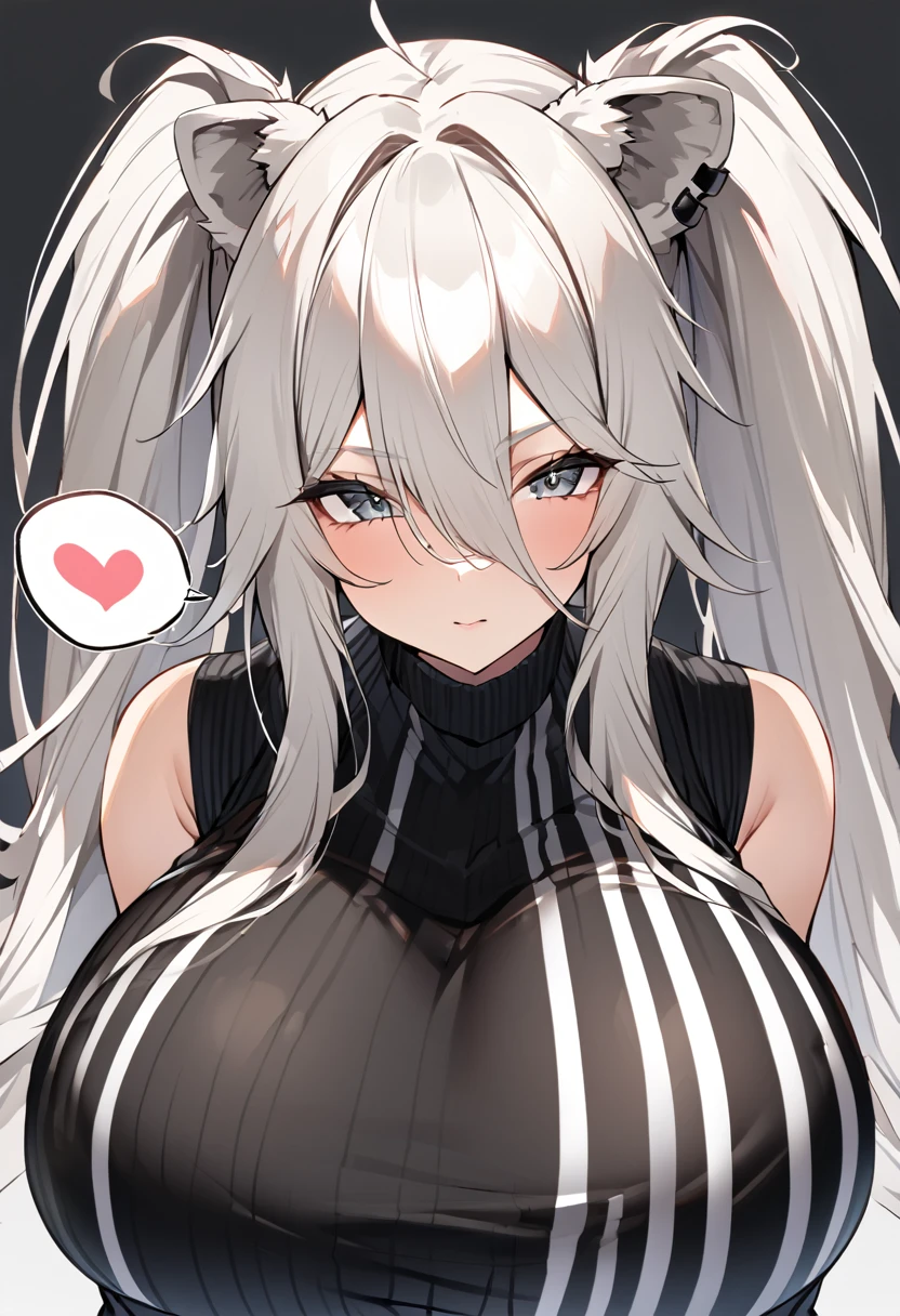 Shishirabotan、Black knitted clothes、Vertical sweater clothes、Black sweater、Huge breasts:1.5、sagging breast:1.5、1girl、portrait、spoken heart、face focus、straight hair、Twin tails、Slightly messy hair、White lion、
