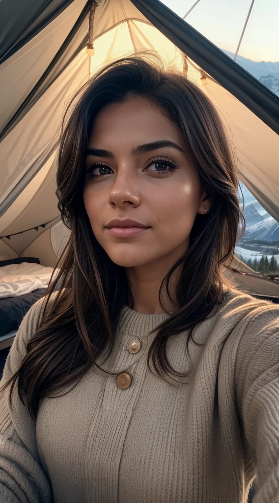 1 woman, American, beautiful, ((upper body selfie, happy)), Filming in a tent, Beautiful backlight, Tent Open Sign,Masterpiece, Best Quality, amateur photo, Solo, exteriors, (natta), mountains, Nature, (sao, the moon) cheerful, happy,, Cosy in a sleeping bag, Inside the tent, When you open the tent, You can see some nice horsemen outside.., woods, rock formations, rivers, wood, smoke, shadowy, contrast, clear skies, analog style (looking up at viewer:1.2) (skin texture) (film grain:1.3), (warm hue, warm tone:1.2), close-up, Cinematic light, Sidelighting, The ultra-Highres, best shadows, ..raw, upper half body, wearing pullover, Relaxed and intimate photos, brune hairs,