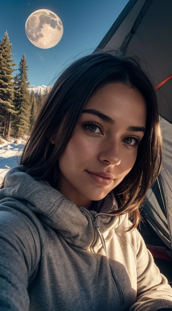 1 woman, American, beautiful, ((upper body selfie, happy)), Filming in a tent, Beautiful backlight, Tent Open Sign,Masterpiece, Best Quality, amateur photo, Solo, exteriors, (natta), mountains, Nature, (sao, the moon) cheerful, happy,, Cosy in a sleeping bag, Inside the tent, When you open the tent, You can see some nice horsemen outside.., woods, rock formations, rivers, wood, smoke, shadowy, contrast, clear skies, analog style (looking up at viewer:1.2) (skin texture) (film grain:1.3), (warm hue, warm tone:1.2), close-up, Cinematic light, Sidelighting, The ultra-Highres, best shadows, ..raw, upper half body, wearing pullover, Relaxed and intimate photos, brune hairs,
