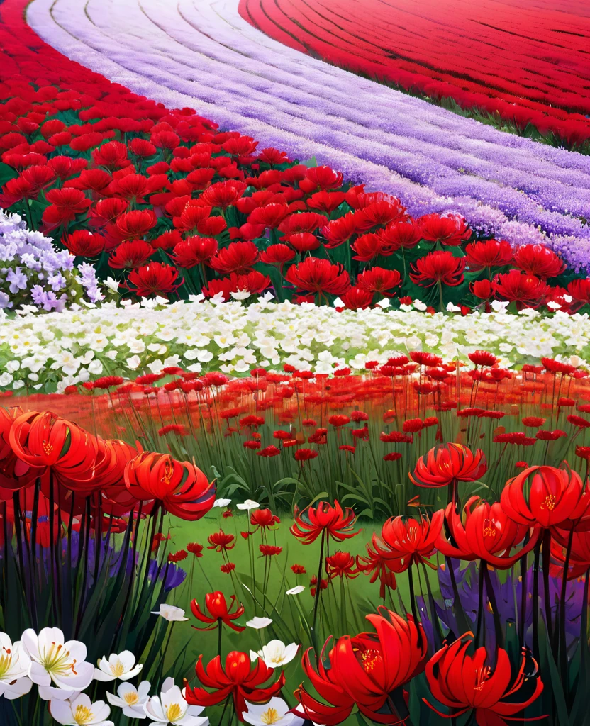 On the right is a purple and white flower field.,On the left is a red spider lily field.,