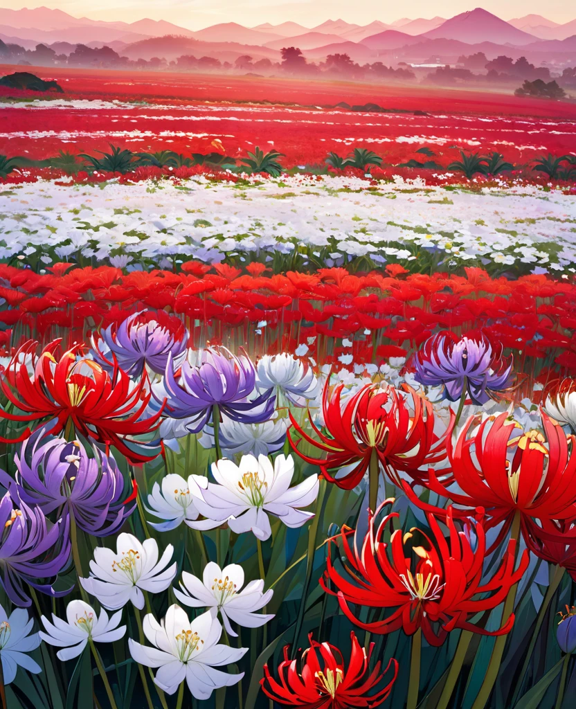 On the right is a purple and white flower field.,On the left is a red spider lily field.,
