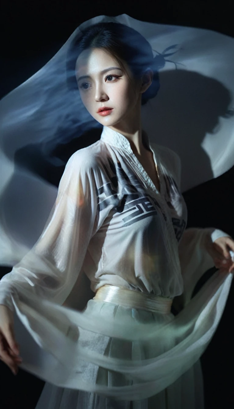double exposure style,Volumetric lighting,Girl wrapped in a blouse,Arching her back,Traditional clothing,calligraphy ink art,light depth,Dramatic mood lighting,Volumetric lighting,Double image ghosting effect,Image combination,double exposure style,