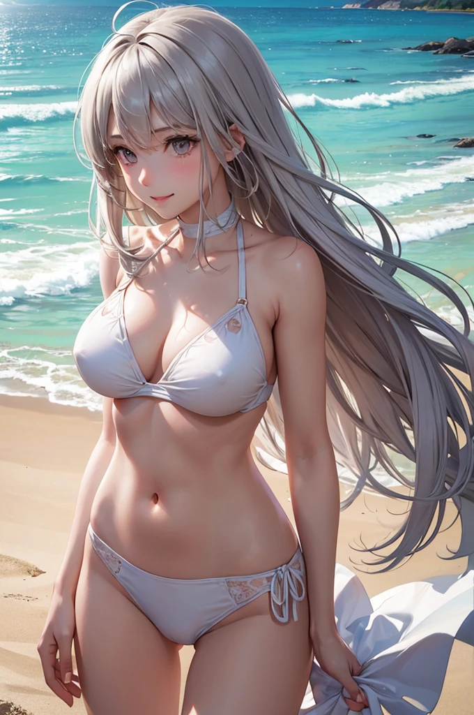 (Best Quality,High resolution,8K,finelity detailed background,Masterpiece:1.2),beautiful girl,Glossy romance gray hair,messy hair,Gray eyes,Gentle look,A refreshing look,Best quality,Best Quality,Aesthetic and aesthetic:1.2,Best details((Super detailed))(High-definition CG illustrations),Swimwear,Slender body,Light of the sun,Ocean,Sandy Beach,smile,blush,cute,Scrounge,Looking up,Being spoiled,super model