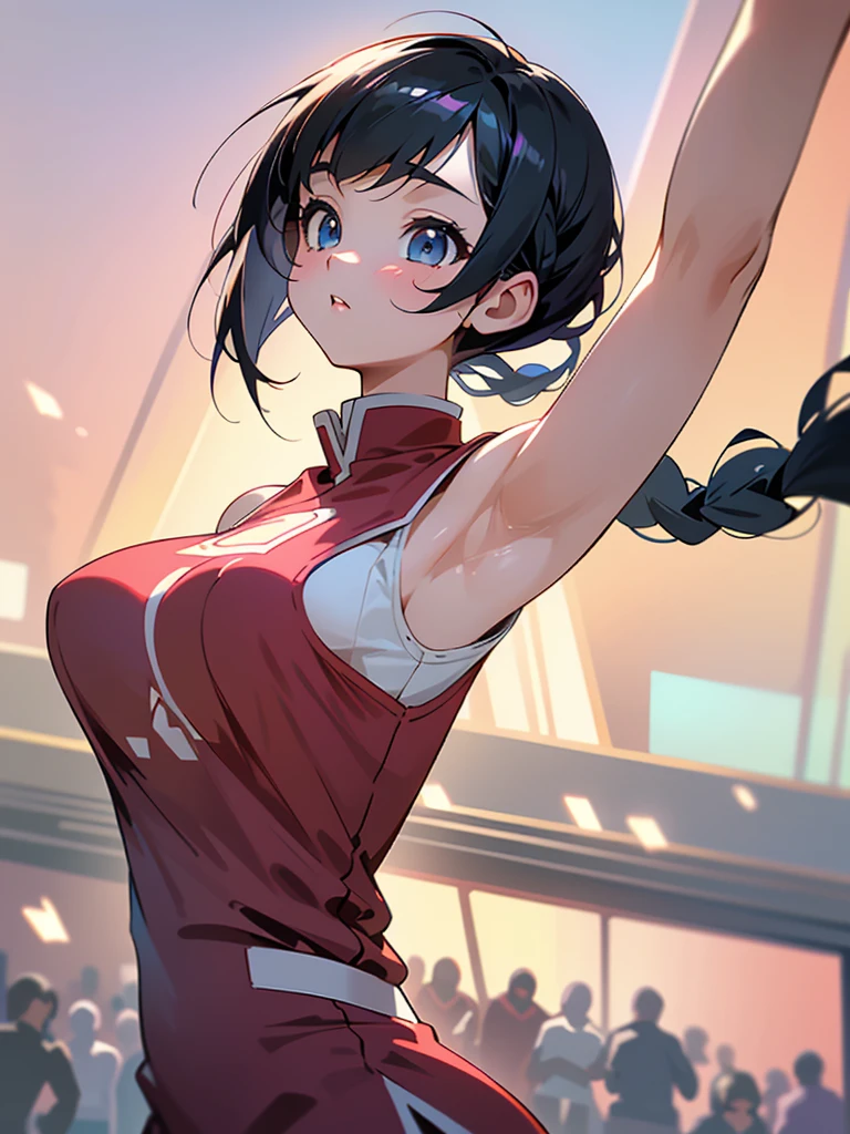 Highest quality、High resolution、Detailed Background、Beautiful Face、High detail、(Perfect Anatomy, Perfect Style)、(Detailed facial expressions)、(fine grain:1.2)、Teenage Beauty、(very wide shot:1.5), One Girl、Elementary school students, Cute black hair、Braided Bob, Braided, clear, deep blue eyes、Braided Ponytail, Braided bob cut, Basketball game, jumping:1.5, dunking:1.5, Floating in the air:1.5, ((shoot from below:2, looking up)), (Shiny crimson uniform:1.5, Blue Line, No sleeve:1.5)、((armpit:1.5)), ((large breasts:1.2, pointy breasts:1.2, high breasts:1.2)), Slamming a basketball into the basketball goal, Focus on the entire basketball court