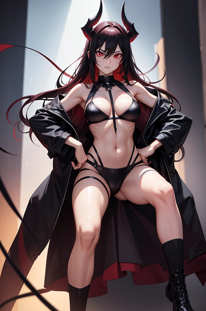 > **scene:** > A female blood demon advancing towards the camera with a threatening and seductive posture. His feet are bare and highlighted, showing his power and attractiveness. The camera is focused on his progress, highlighting his defiant attitude. The character's entire body must be visible. > > **Appearance:** > - **fur:** pale pink, with a subtle glow. > - **Hair:** short, pink with touches of red and white, slightly messy. > - **Clothes:** Scanty but elegant clothing, with leather straps and light armor covering strategic parts of his body, leaving enough skin exposed to enhance your attractiveness. > - **expression:** Challenging and seductive, with a fixed gaze towards the camera. > > **bottom:** > A dark and mystical scene with swirling red fog and shadows. The background includes ancient ruins and a bloody altar with demonic markings and symbols. > > **visual effects:** > - **Blood Aura:** Red and black particles floating around his body. > - **Shadows and Dark Energy:** Emanating from your feet and hands. > - **bright Eyes:** With a deep red glow. > > **Additional details:** > Blood marks on his skin and clothes, lighting that accentuates your facial features and highlights the contrast between the darkness of the background and its pale glow.