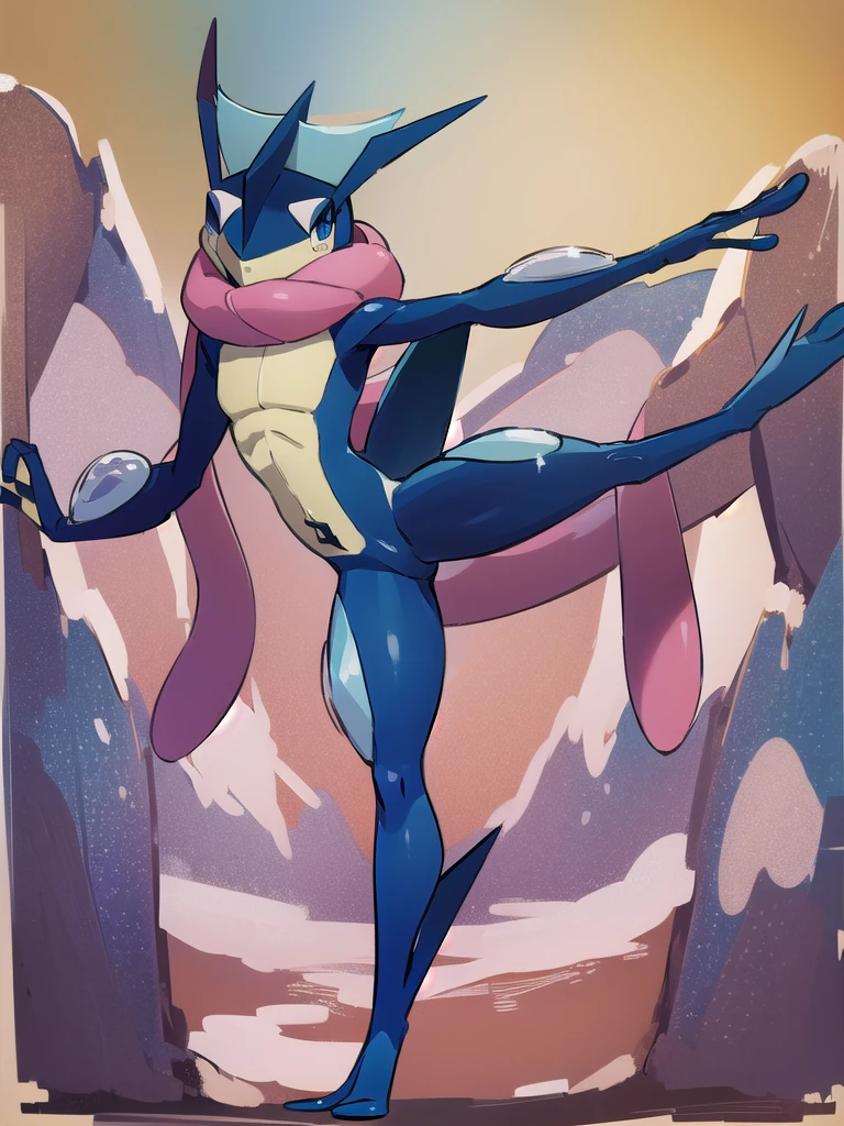 (masterpiece, best quality:1.2),solo,greninja \(pokemon\),pokemon \(creature\),full body,no humans,outstretched arms, long tongue, blue skin,looking at viewer,blue sky