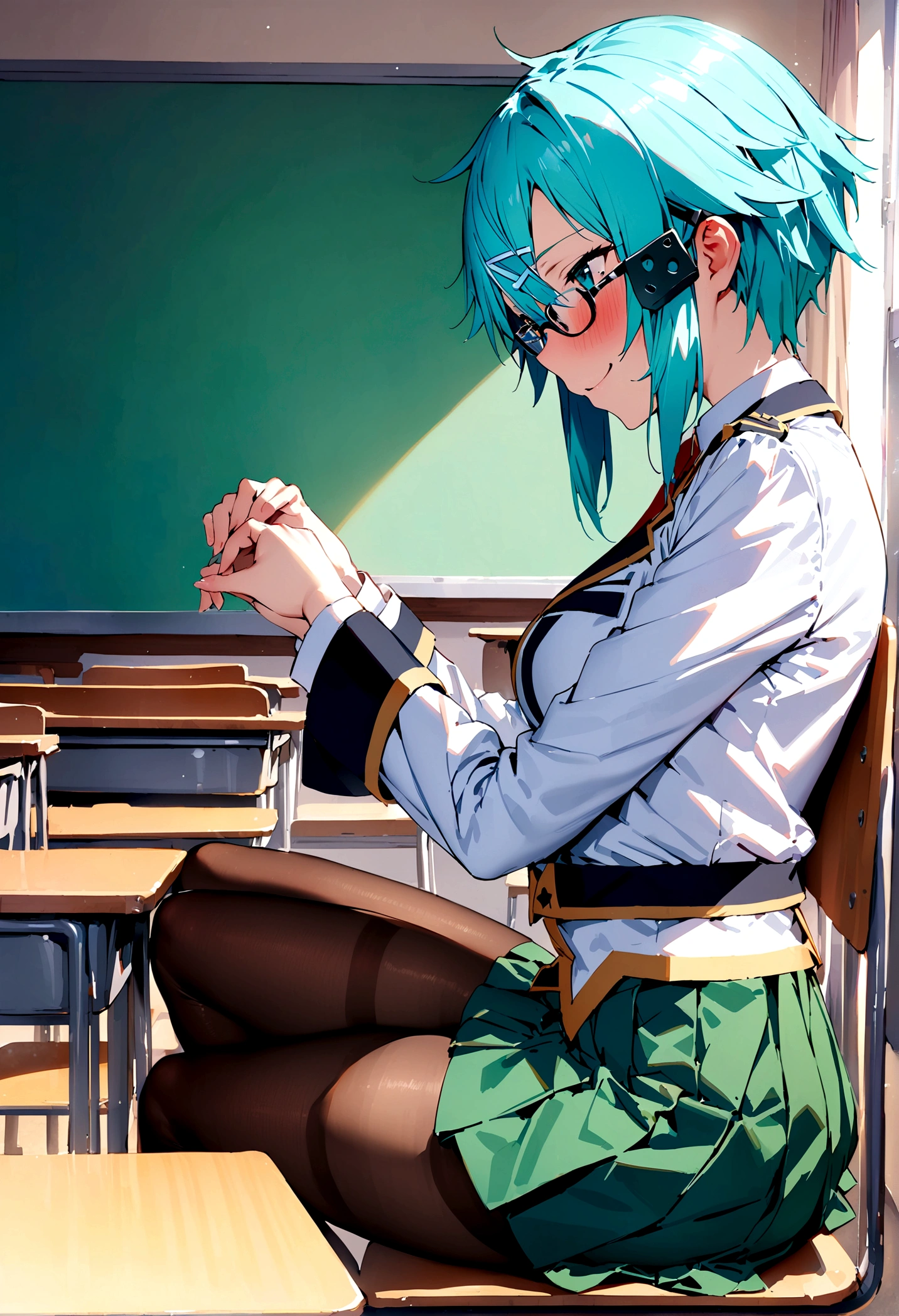 NSFW,masterpiece,Highest quality,High resolution,Super detailed,Sinon\(Sword Art Online\),Glasses,uniform,mini skirt,pantyhose,Embarrassed,expectant face,smile,blush,School,classroom,During class,Sit on a chair,From the side,wave hands
