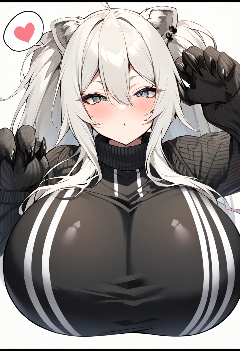 Shishirabotan、Black knitted clothes、Vertical sweater clothes、Black sweater、Huge breasts:1.5、sagging breast:1.5、1girl、portrait、spoken heart、face focus、straight hair、Twin tails、Slightly messy hair、White lion、claw pose