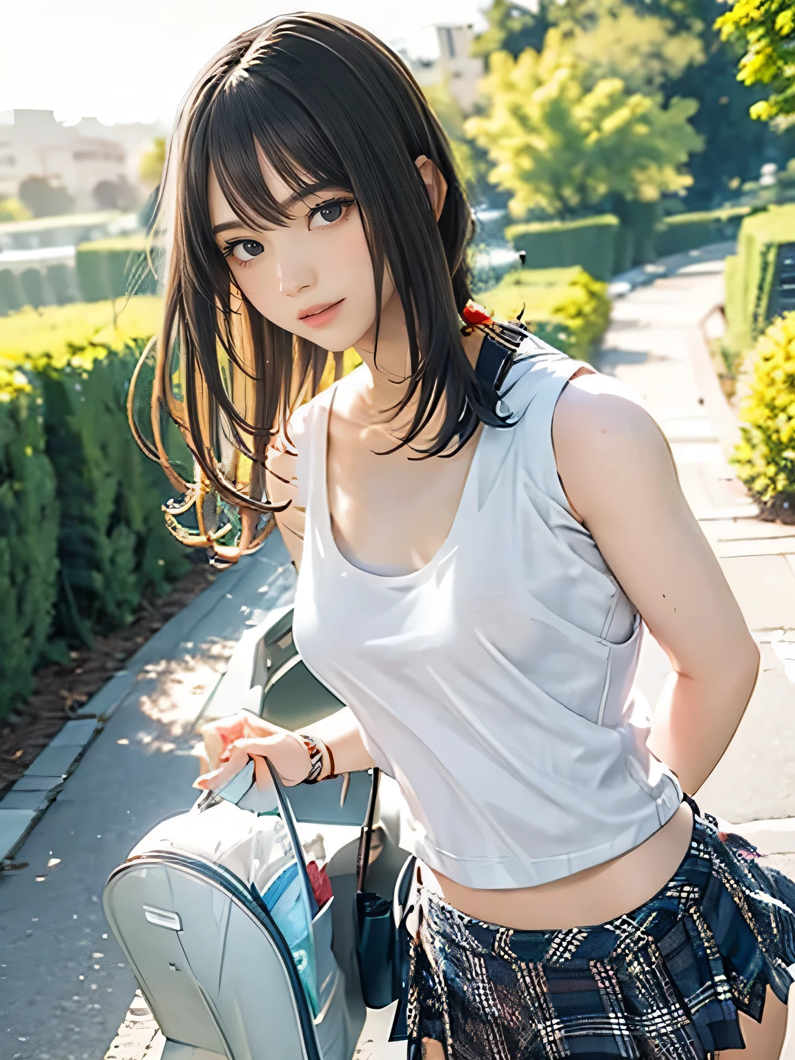 (8K, RAW Photos, Highest Quality, masutepiece: 1.7), (Realistic, Photorealistic: 1.9), NSFW, Black hair, (Blushing), Sweaty face, Full body, campsite, ((naked overalls)), ((small breasts)), standing, ((hands on belly)),