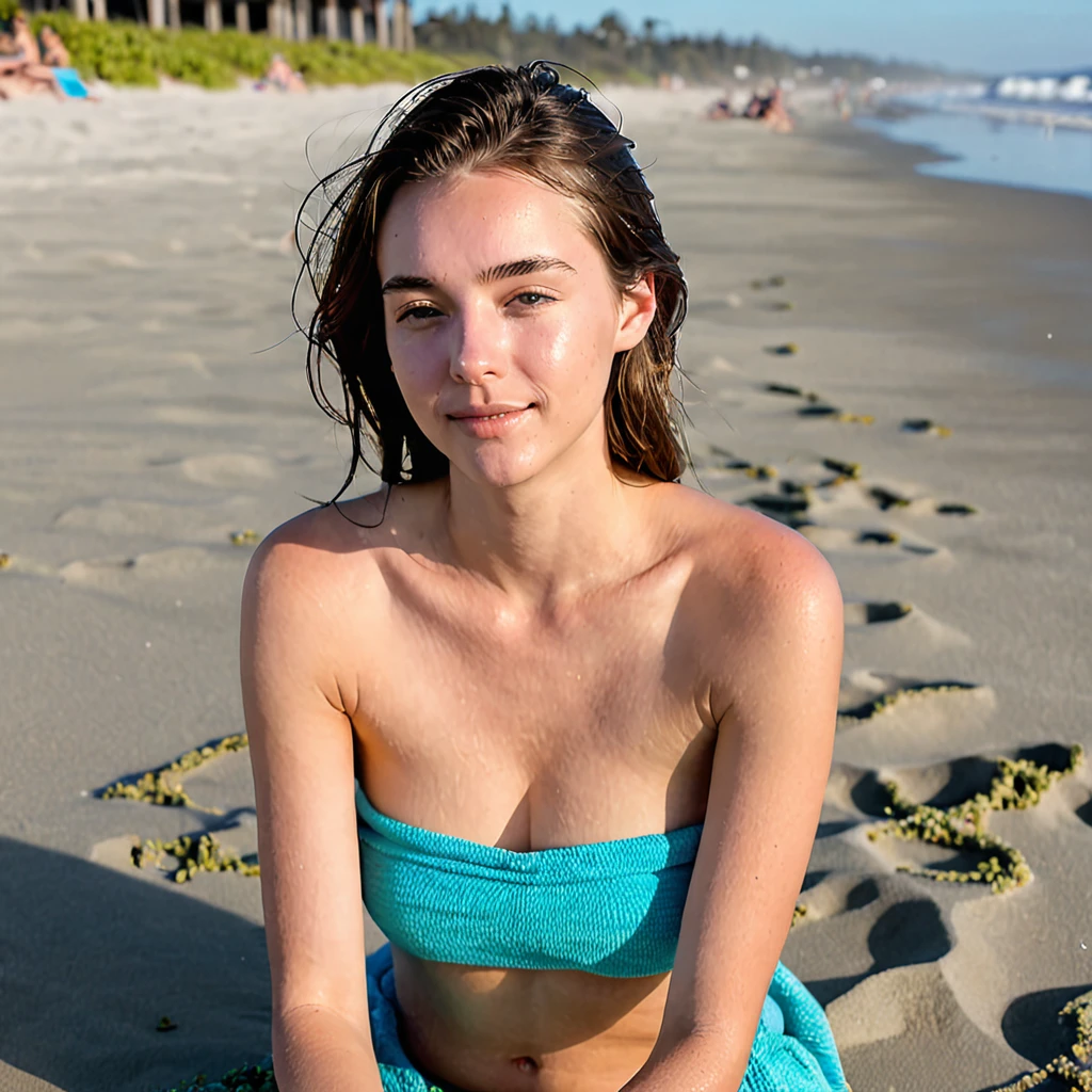 Topless Shy young woman sits after her first facial cumshot, ocean beach