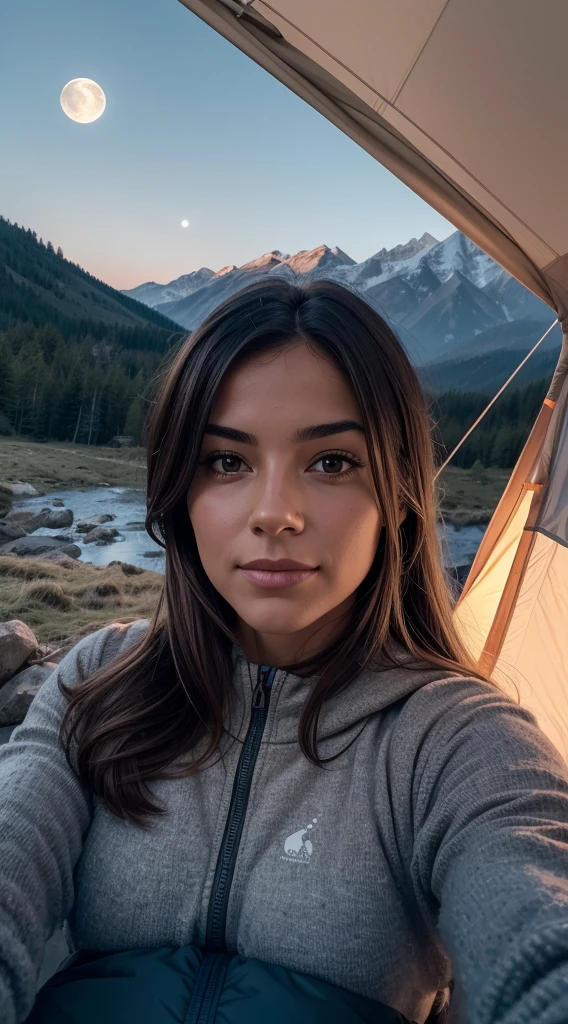 1 woman, American, beautiful, ((upper body selfie, happy)), Filming in a tent, Beautiful backlight, Tent Open Sign,Masterpiece, amateur photo, Solo, exteriors, (natta), mountains, Nature, (sao, the moon) cheerful, happy,, Cosy in a sleeping bag, Inside the tent, When you open the tent, You can see some nice horsemen outside.., woods, rock formations, rivers, wood, smoke, shadowy, contrast, clear skies, analog style (looking up at viewer:1.2) (skin texture) (film grain:1.3), (warm hue, warm tone:1.2), close-up, Cinematic light, Sidelighting, The ultra-Highres, best shadows, ..raw, upper half body, wearing pullover, Relaxed and intimate photos, brune hairs,
