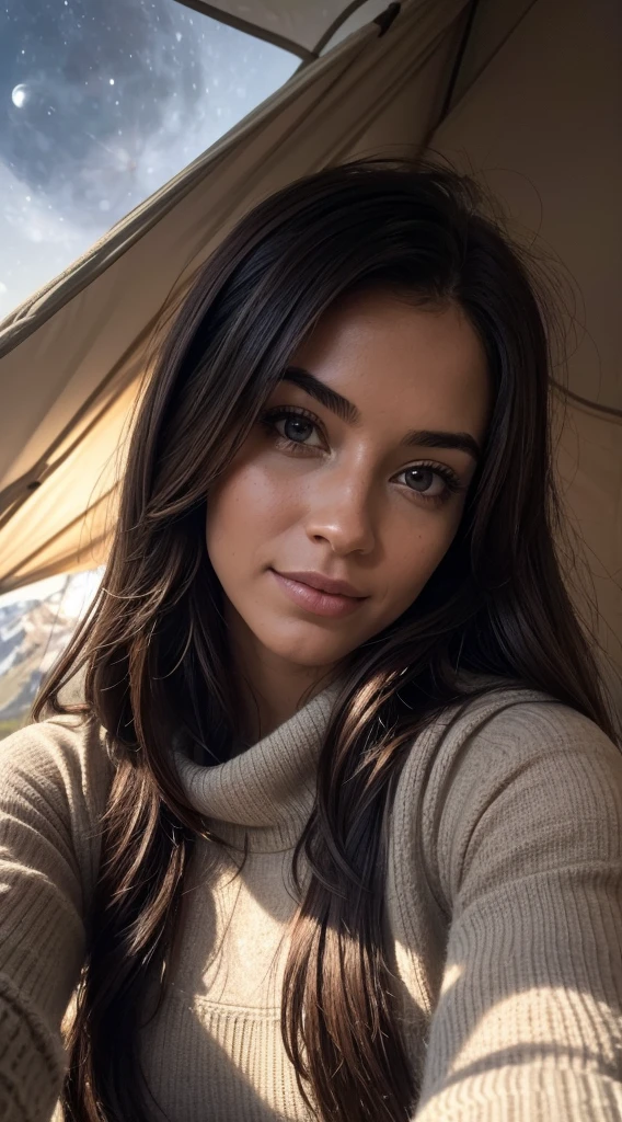 1 woman, American, beautiful, ((upper body selfie, happy)), Filming in a tent, Beautiful backlight, Tent Open Sign,Masterpiece, amateur photo, Solo, exteriors, (natta), mountains, Nature, (sao, the moon) cheerful, happy,, Cosy in a sleeping bag, Inside the tent, When you open the tent, You can see some nice horsemen outside.., woods, rock formations, rivers, wood, smoke, shadowy, contrast, clear skies, analog style (looking up at viewer:1.2) (skin texture) (film grain:1.3), (warm hue, warm tone:1.2), close-up, Cinematic light, Sidelighting, The ultra-Highres, best shadows, ..raw, upper half body, wearing pullover, Relaxed and intimate photos, brune hairs,