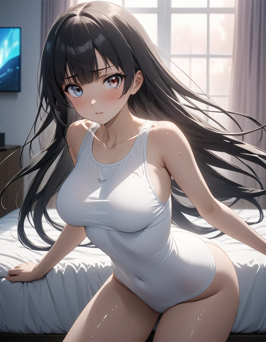 (2.5d anime,best quality, masterpiece, high resolution),cowboy shot,1woman,25 year old beauty,black hair,long hair,blunt bangs,black eyes,gorgeous eyes,shy,White tight tank top、Light grey sweat shortedium breasts,(skinny,slender body),gleaming skin,oily skin,Simple bedroom, 8K Ultra HD, Soft Light, high quality, high resolution, 8K,