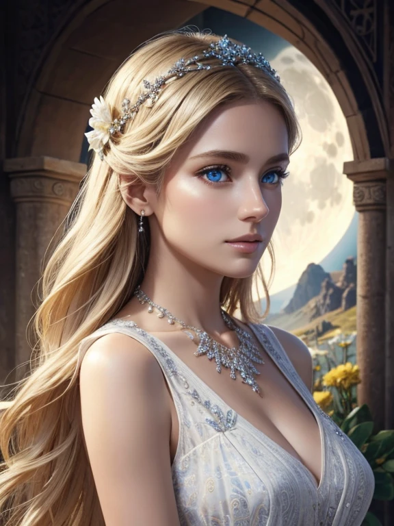 (masterpiece,Highest quality,High resolution,Super detailed,8K),woman,alone,,Official artwork,Greek Goddess,,whole body,Facing forward,Ample breasts,Beautiful valley,Silver blonde hair,,Medium Long、Hair is bunched back,(Beautiful Face,Beautiful Eyes,Blue Eyes,Beautiful nose,Beautiful lips),A look of kindness and compassion,Slender beauty,Looking at this,flower,bird,moon,jewelry,necklace,,White Dress,Sleeveless,Holding,Ancient images,Detailed configuration,background,,(Fractal Art:1.2),Detailed CG,