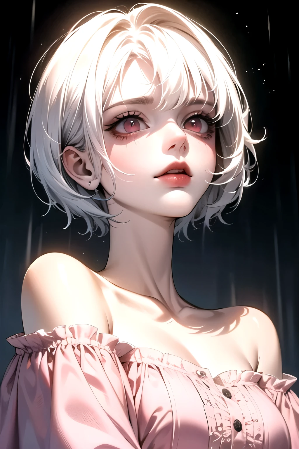 ((best quality)), ((masterpiece)), (detailed), 1girl, girl looking up in the middle of rain. White hair. Short hair. Pink eyes. Sad vibe. Sad face. Off shoulder sweeter.