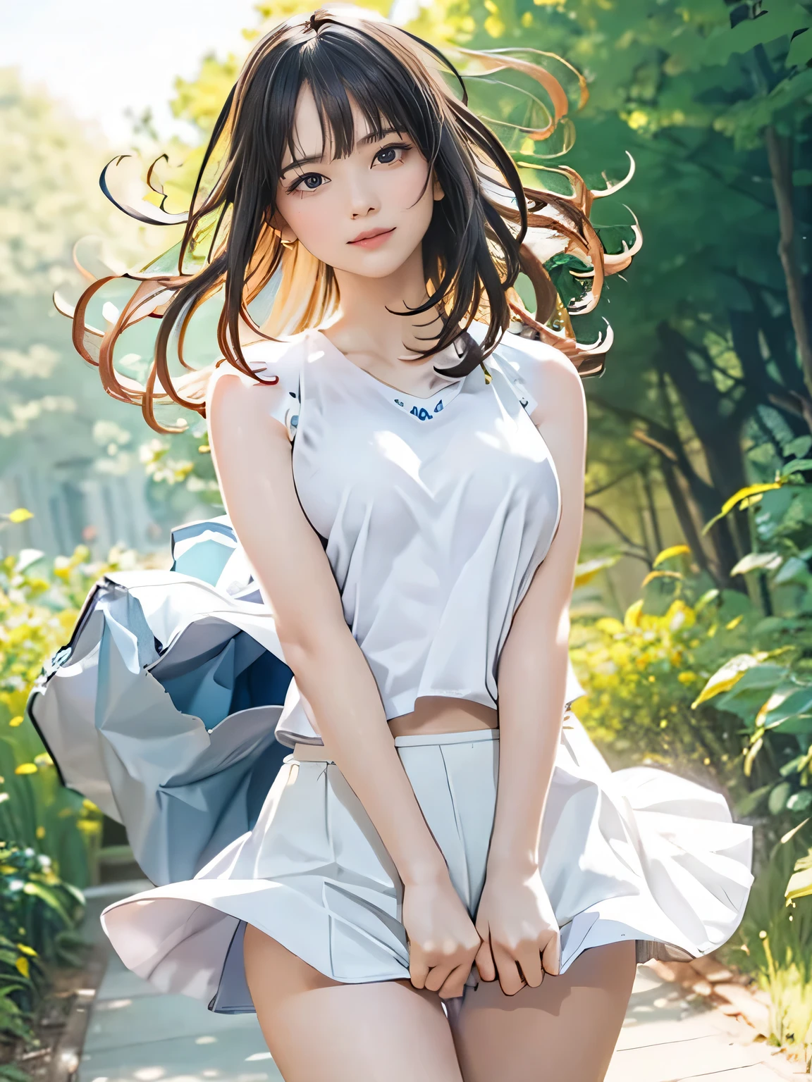 1girl, woman, girl in summer clothes, beautiful, medium breasts, flirtatious look, high res, ((tanktop jersey:1.78)), (1girl eyes looking at viewer:1.55), camisole, Plain costumes, Simple Background, Emphasis on the chest, White outfit, whole body, cute face, beautiful face, nipple, light smile, (skirt lift:1.2), skirt lift pov, shirt lift up, bra lift up, constricted waist, shirt_lift, blush, shy, panties, underwear, photorealistic, (bokeh), photorealistic, depth of field, best quality, anatomically correct, super detail, textured skin, UHD, 8k