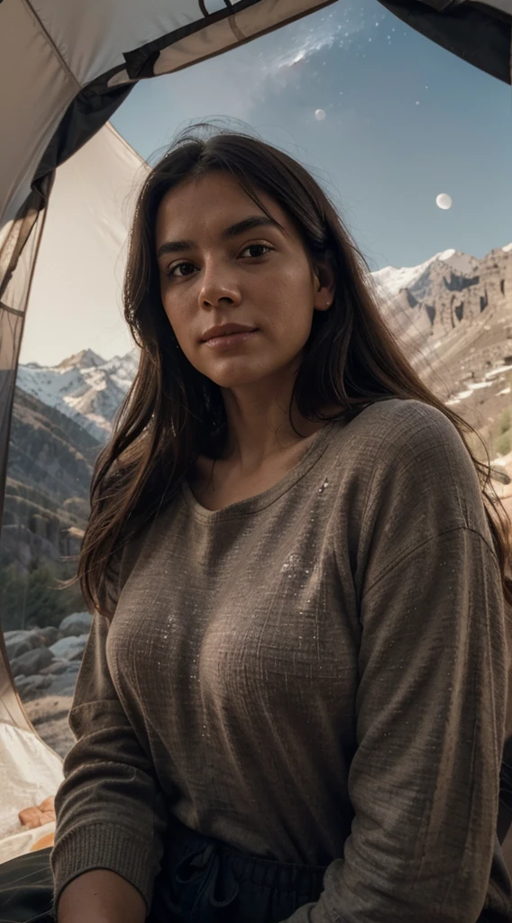 1 woman, American, beautiful, ((upper body selfie, happy)), Filming in a tent, Beautiful backlight, Tent Open Sign,Masterpiece, amateur photo, Solo, exteriors, (natta), mountains, Nature, (sao, the moon) cheerful, happy,, Cosy in a sleeping bag, Inside the tent, When you open the tent, You can see some nice horsemen outside.., woods, rock formations, rivers, wood, smoke, shadowy, contrast, clear skies, analog style (looking up at viewer:1.2) (skin texture) (film grain:1.3), (warm hue, warm tone:1.2), close-up, Cinematic light, Sidelighting, The ultra-Highres, best shadows, ..raw, upper half body, wearing pullover, Relaxed and intimate photos, brune hairs,
