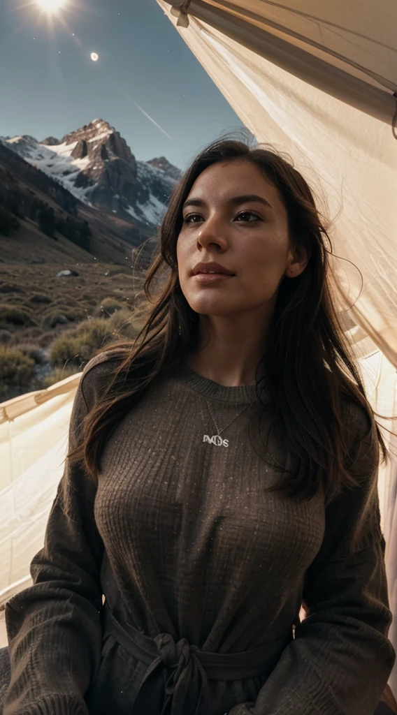 1 woman, American, beautiful, ((upper body selfie, happy)), Filming in a tent, Beautiful backlight, Tent Open Sign,Masterpiece, amateur photo, Solo, exteriors, (natta), mountains, Nature, (sao, the moon) cheerful, happy,, Cosy in a sleeping bag, Inside the tent, When you open the tent, You can see some nice horsemen outside.., woods, rock formations, rivers, wood, smoke, shadowy, contrast, clear skies, analog style (looking up at viewer:1.2) (skin texture) (film grain:1.3), (warm hue, warm tone:1.2), close-up, Cinematic light, Sidelighting, The ultra-Highres, best shadows, ..raw, upper half body, wearing pullover, Relaxed and intimate photos, brune hairs,