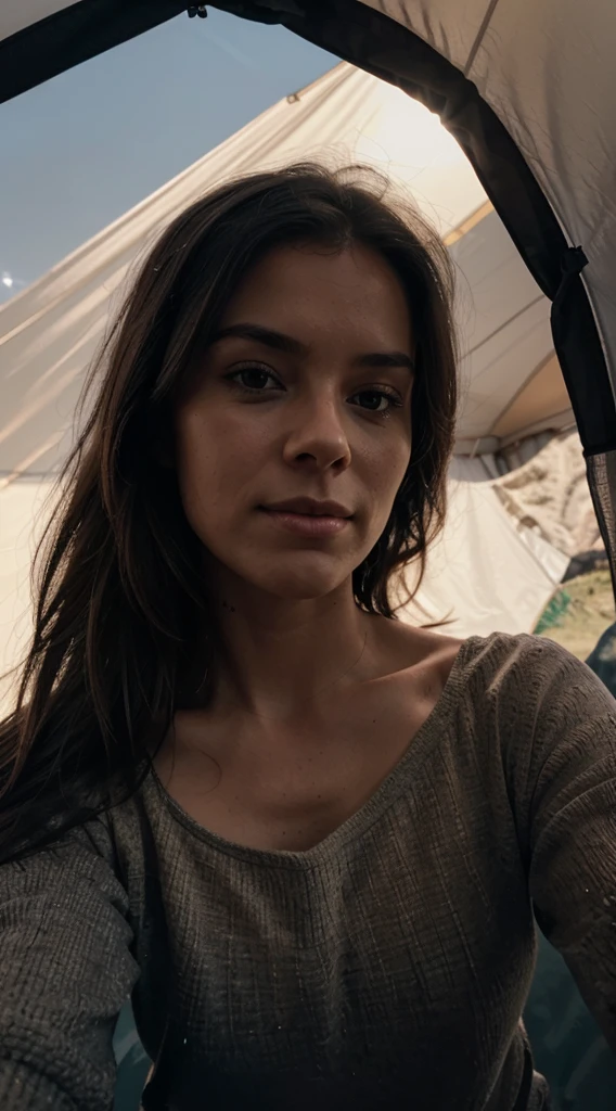 1 woman, American, beautiful, ((upper body selfie, happy)), Filming in a tent, Beautiful backlight, Tent Open Sign,Masterpiece, amateur photo, Solo, exteriors, (natta), mountains, Nature, (sao, the moon) cheerful, happy,, Cosy in a sleeping bag, Inside the tent, When you open the tent, You can see some nice horsemen outside.., woods, rock formations, rivers, wood, smoke, shadowy, contrast, clear skies, analog style (looking up at viewer:1.2) (skin texture) (film grain:1.3), (warm hue, warm tone:1.2), close-up, Cinematic light, Sidelighting, The ultra-Highres, best shadows, ..raw, upper half body, wearing pullover, Relaxed and intimate photos, brune hairs,