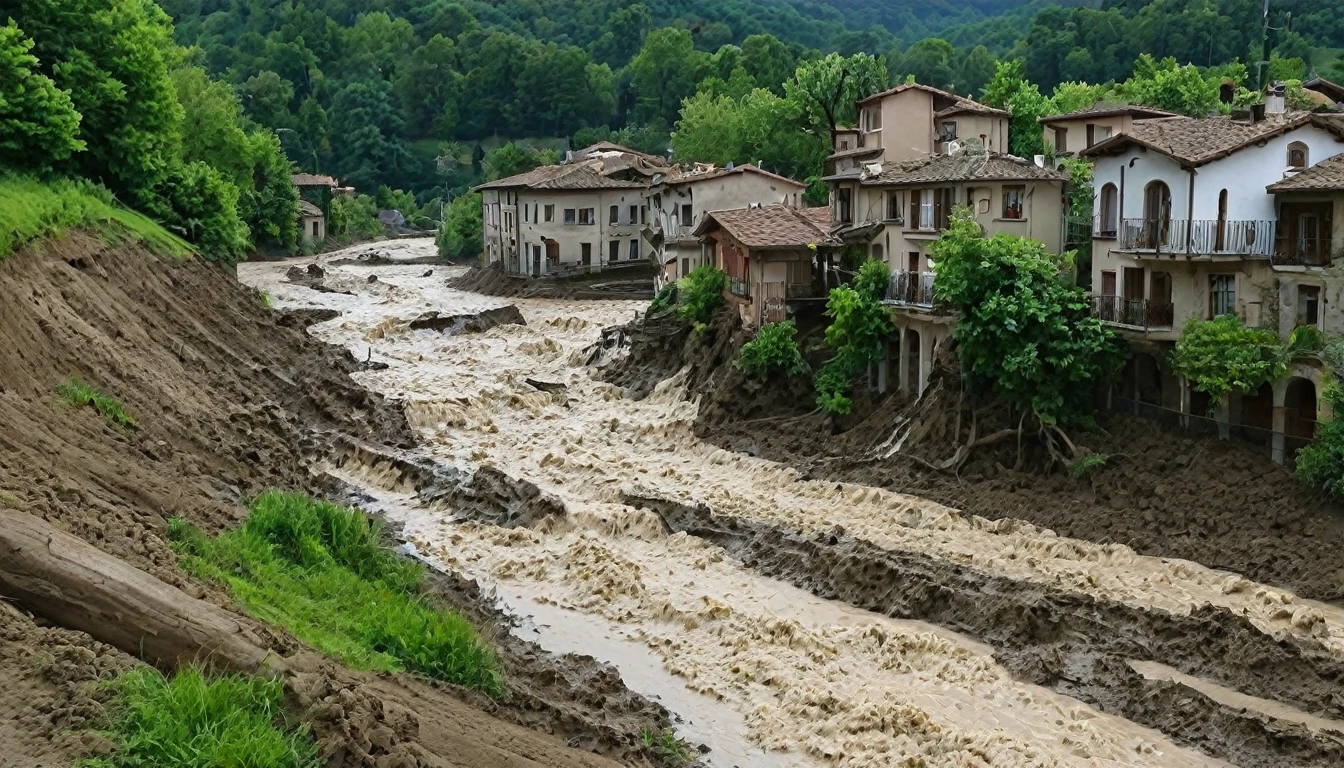 A mud waterfall destroys a town in the Piedmont and Valle d&#39;Aosta regions with floods and landslides.