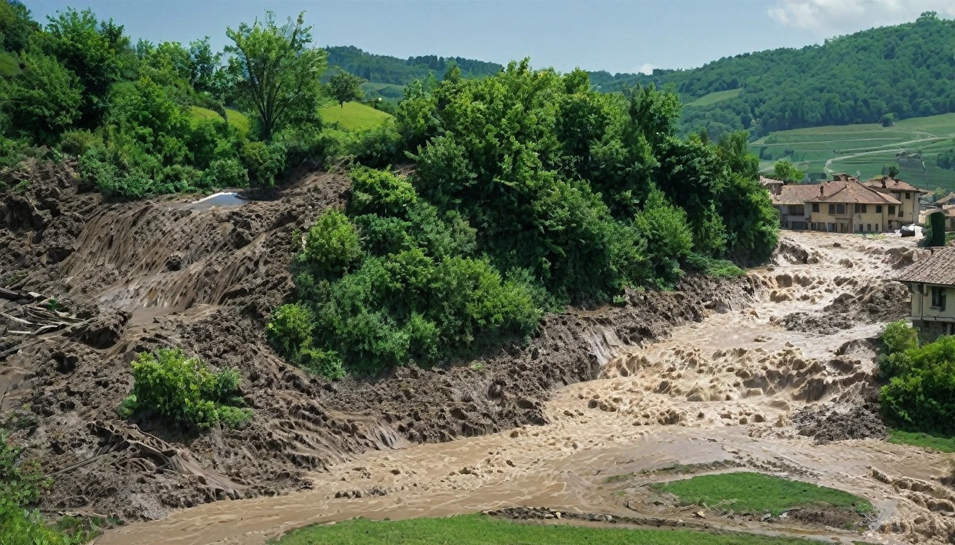 A mud waterfall destroys a town in the Piedmont and Valle d'Aosta regions with floods and landslides.