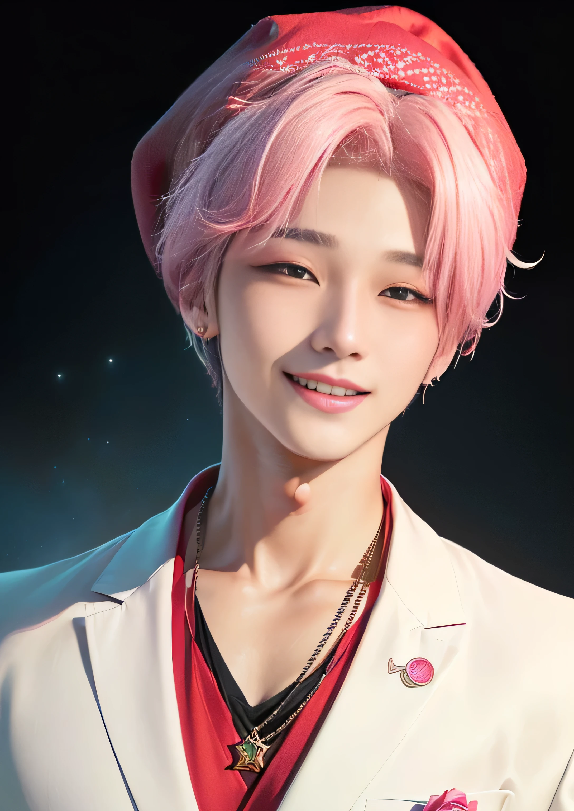 (((Image only face of young single man, very handsome 19 years old, the most beautiful man in the world!!))) ((hair is short hot pink))), ((His skin is very white like that of a vampire)), ((big, pink eyes like those of an anime character)), ((corpo delgado, height of 1.82 meters high, anime styling)), (((astro de k-pop, inspired by Jeon Jeongguk from the band BTS, inspired by Yoon Sanha from Kpop group Astro!!))),((he is smiling)), (((Ele está usando um roupas rosas e vermelhas, usando um gorro de Natal)))
