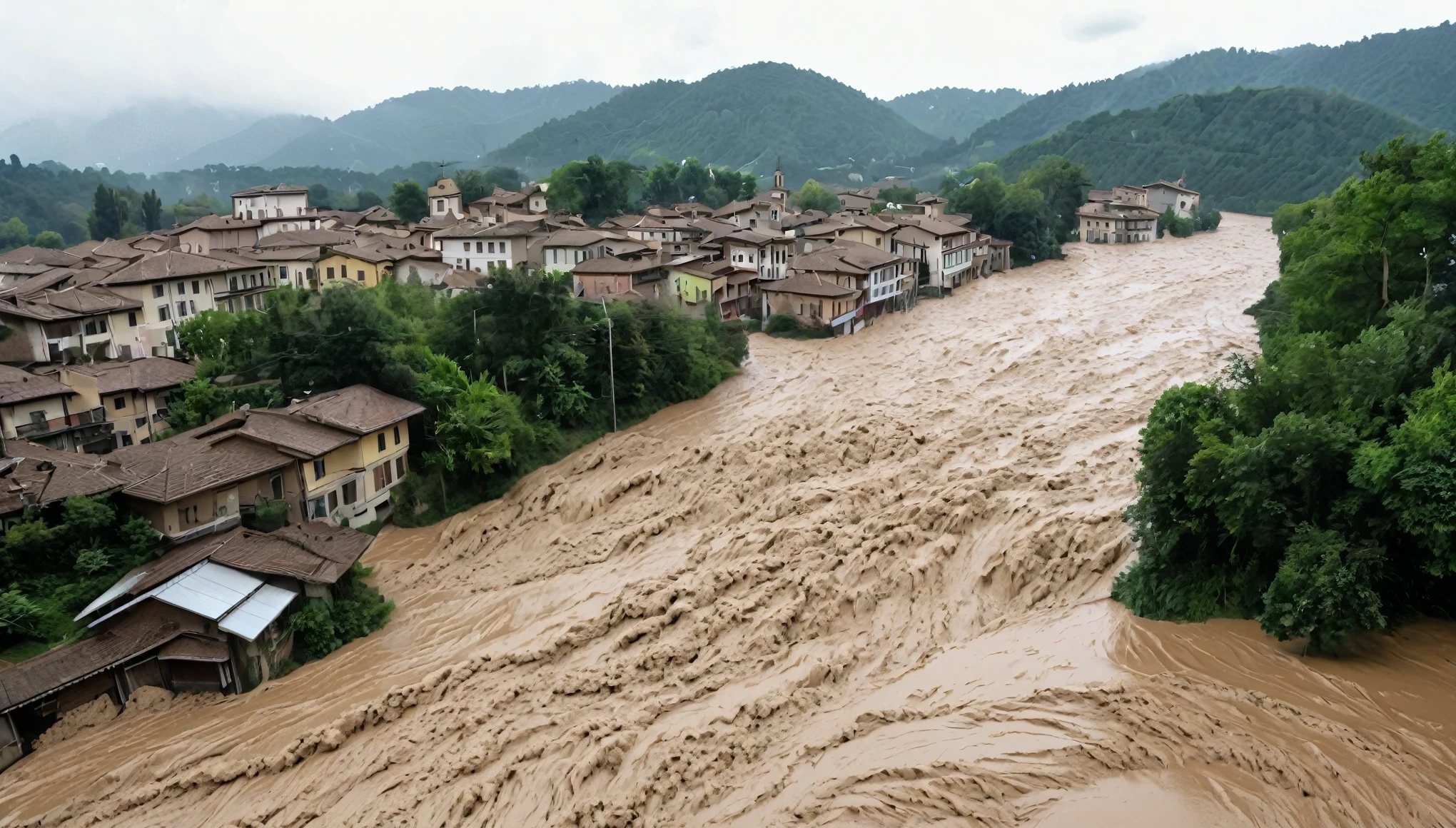 A waterfall of mud due to torrential rain forms a flood that destroys the region of Piedmont and Valle d&#39;Aosta in Italy.