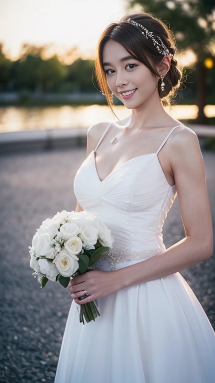 Beautiful 25 year old  woman。She is wearing a summer wedding dress. She is smiling on illuminated by the evening church lights . romantic sunset. her dark brown hair. High resolution、masterpiece、highest quality、頭w:1.0、((Hasselblad Photos))、fine skin、(movie lighting)、clavicle . full body picture.