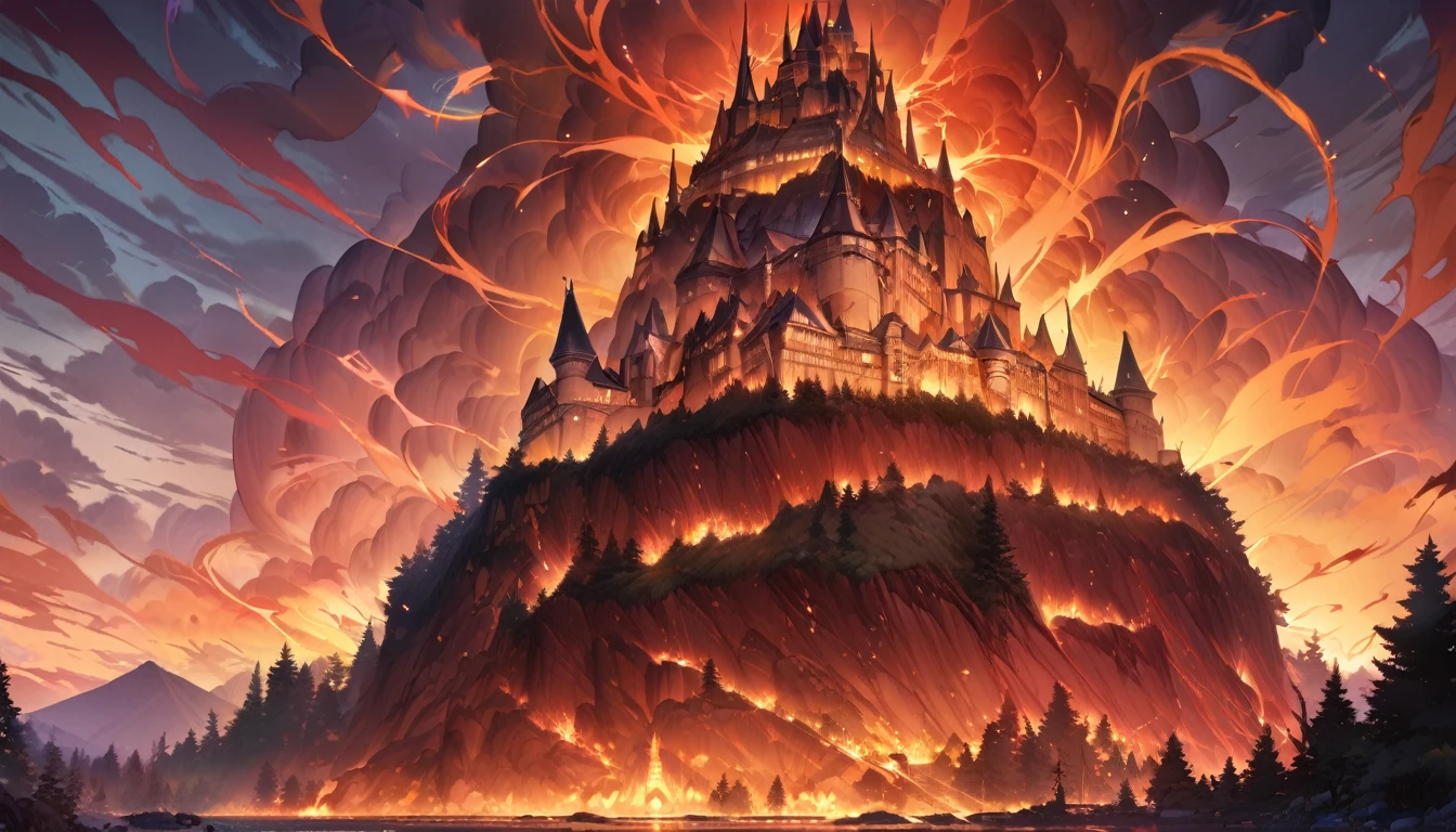 An ominous looking forested hill surrounded by aura of death with a castle on top, Masterpiece, The best quality, super detailed, Highly detailed