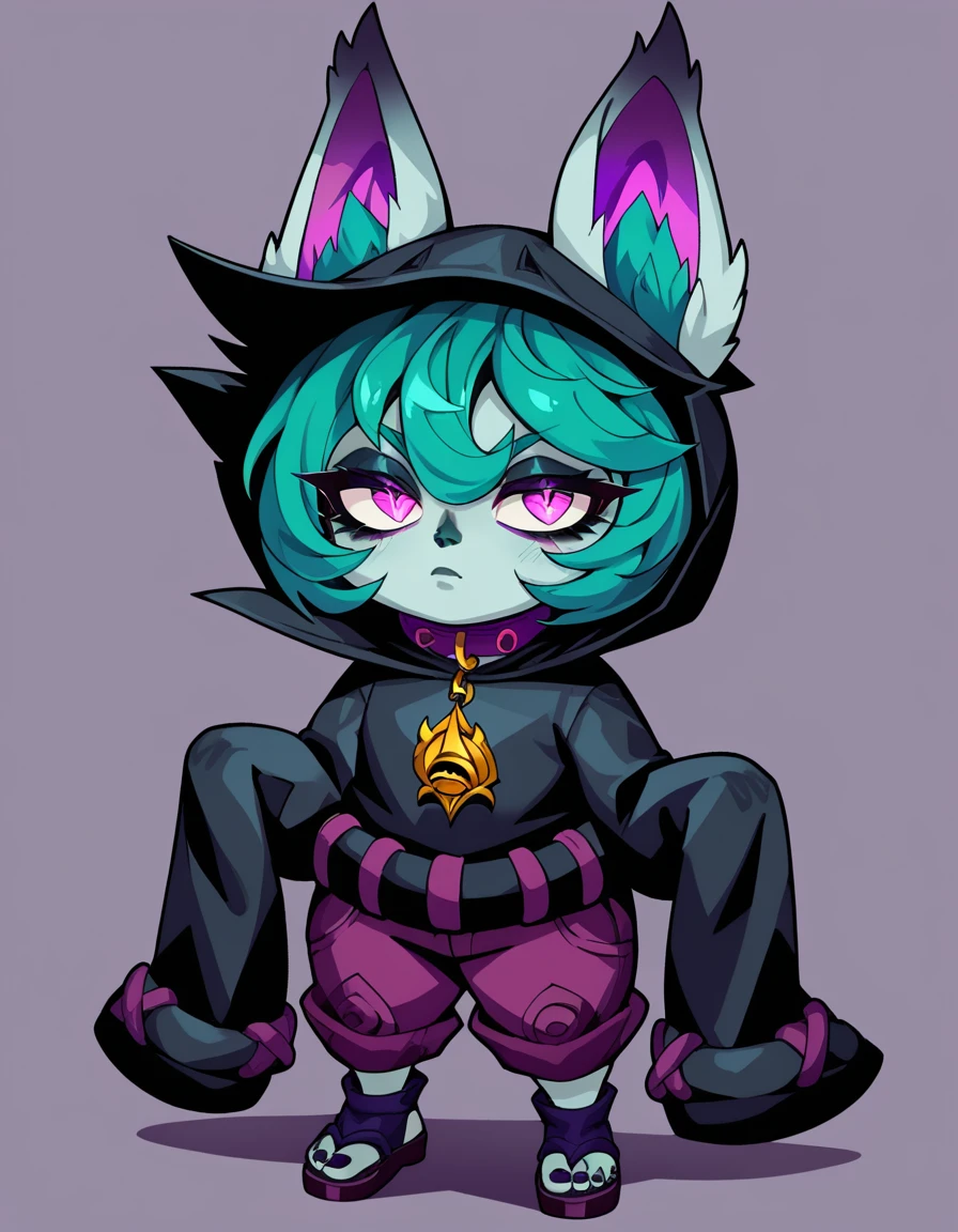 Score_9, score_8_up, score_7_up, source_anime, 1girl, solo, VexLoLXL, yordle, shortstack, pink eyes, green hair, bangs, short hair, grey skin, colored skin, black hood, hood up, ears through headwear, white animal ears, black shirt, purple collar, golden ornament, long sleeves, sleeves past wrists, purple pants, sandals,simple_heart-shaped_pupils,