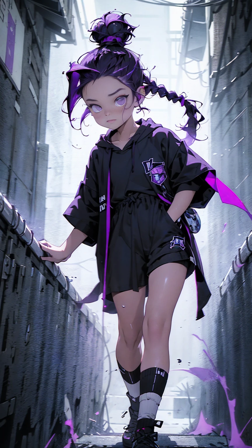 boy, thoughtful look, open forehead, black and purple hair braided into a ponytail on the left side in a bun. small curly black horns wrapped in white ribbon, pale violet eyes, short dark purple shorts. Long white t-shirt. dark purple knee socks. dark purple hooded robe. dark corridor with stairs, rays of light falling