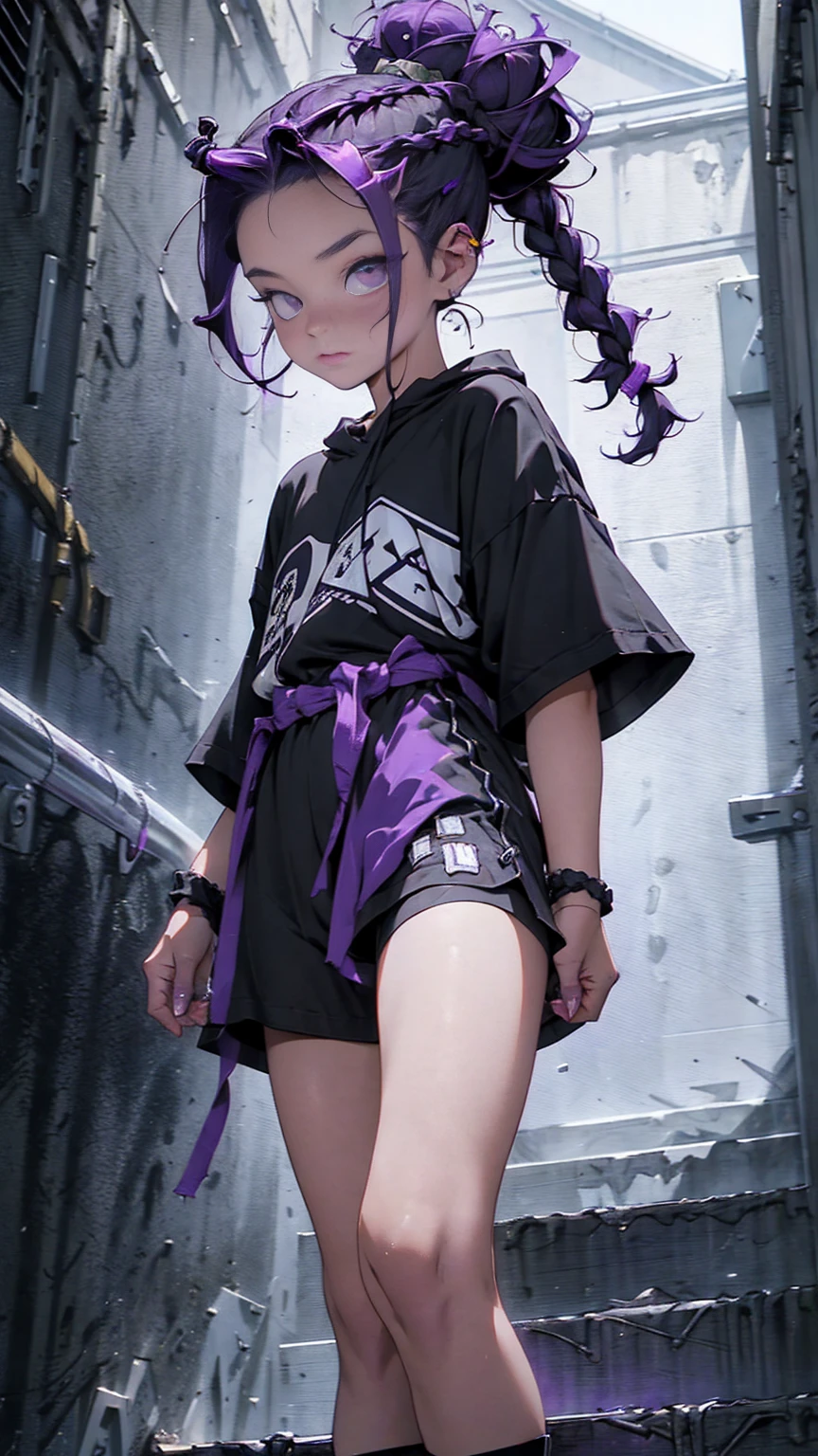 (8k, Raw photo, best quality, masterpiece), ultra high resolution, (realistic, photorealistic), 1 girl, 18 years old, emotionless, only, long purple hair tied, Blue eyes, black horns, Waifu. Big  ((95C)) very thin and perfect body

Professional lighting, Detailed lighting, backlighting, depth of field, Natural lighting, intense concentration, professional photography, Detailed eyes, realistic eyes, detailed shadow.

In casual, in a fantasy city