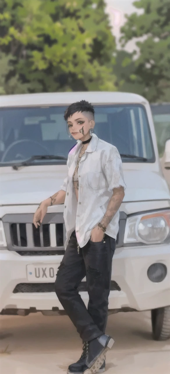 (masterpiece:1.2, best quality), (1lady, solo, upper body:1.2), Hair: buzz cut, Clothing: oversized, distressed denim jacket with patches and pins, paired with black skinny jeans and combat boots, Accessories: silver hoop earrings and a black choker necklace, Hanging out in an underground music venue or street art exhibit