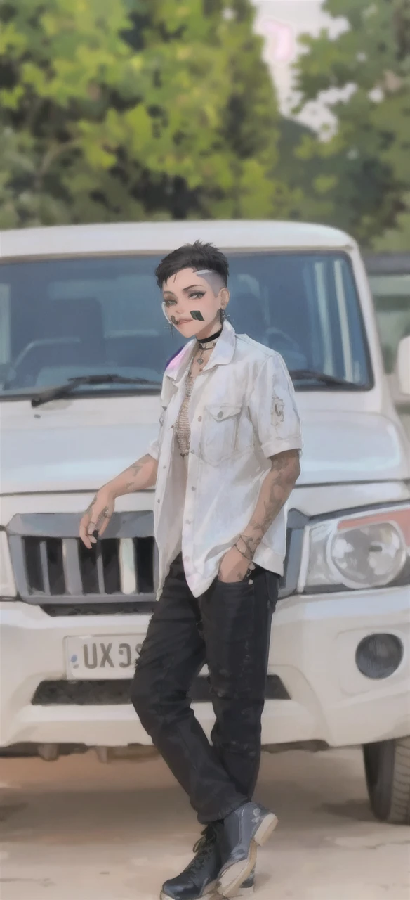 (masterpiece:1.2, best quality), (1lady, solo, upper body:1.2), Hair: buzz cut, Clothing: oversized, distressed denim jacket with patches and pins, paired with black skinny jeans and combat boots, Accessories: silver hoop earrings and a black choker necklace, Hanging out in an underground music venue or street art exhibit