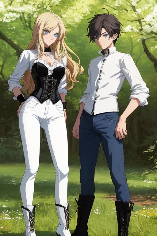 Anime style scene with a 21-year-old female character with a mature face, arching her back, and an adolescent boy standing behind her, looking her ass. The woman has long, waist-length, wavy blond hair, V bangs, and blue eyes, wearing a white blouse with a chocolate-colored corset over it, skinny tight blue jeans, and high boots. The boy has short dark hair, a slim build, and is wearing casual clothes. They are in a vibrant spring field at midday, with the boy's gaze focused on the woman, creating a dynamic and intriguing atmosphere.