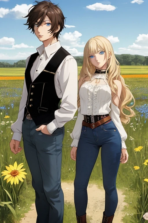 Anime style scene with a 21-year-old female character with a mature face, arching her back, and an adolescent boy standing behind her, looking her ass. The woman has long, waist-length, wavy blond hair, V bangs, and blue eyes, wearing a white blouse with a chocolate-colored corset over it, skinny tight blue jeans, and high boots. The boy has short dark hair, a slim build, and is wearing casual clothes. They are in a vibrant spring field at midday, with the boy's gaze focused on the woman, creating a dynamic and intriguing atmosphere.