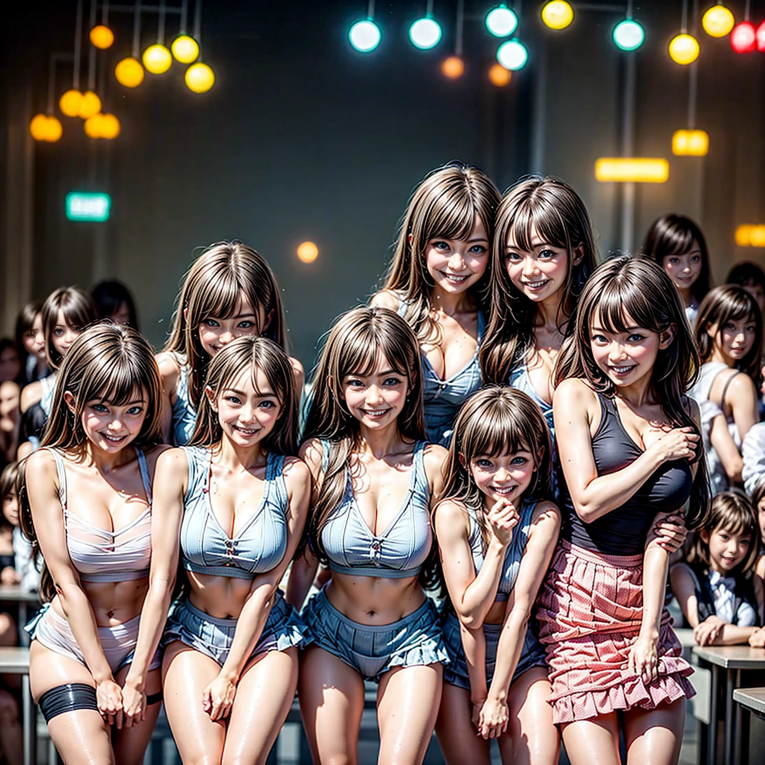 ((ExtremelyDetailed (PUNIPUNI KAWAII 12 Girls in a row:1.37) (Shibuya) scramble crossing)), (masterpiece 8K TopQuality:1.2) (ProfessionalPhoto:1.37), {(Standing Full Body:1.2)|Dancing}, Different types of hair colors, {((White skinny school swimwear))|(SchoolUniform)|Tutu}, {Corrected BabyLike hand|Hiddenhand}, (Joyful Expressions LifeLike Rendering), PerfectLighting (RainbowColor particles:1.2)(Dazzling Blurred ColorfulLights) MotionBlur  BREAK  (Acutance:0.8) Impeccable Radiant PearlSkin with Transparency . (Exposed:-0.6)(no extra arm, no extra hand), (clone face:-1)