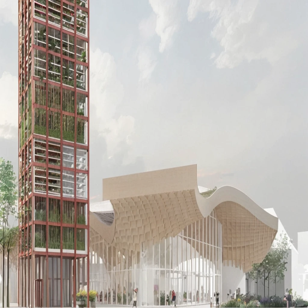 ew of a building and a tower, building is a flower market with wooden roof, roof is parametric and curved, tower is for urban agriculture and has visible steucture with plants crawing on it, lush vegetation, at sundown, anime sketch, pencil sketch, architecture drawing